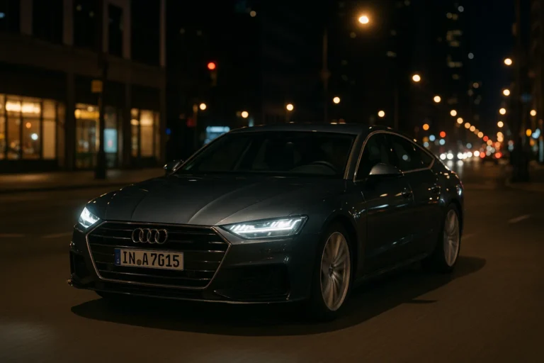 Audi A7 de noche en medio de una ciudad