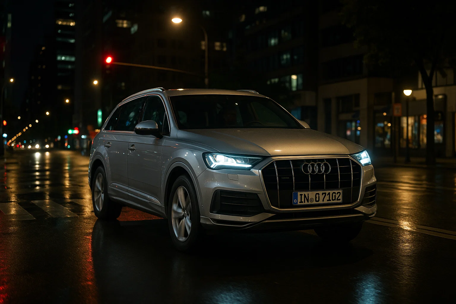 Audi Q7 circulando por una ciudad de noche