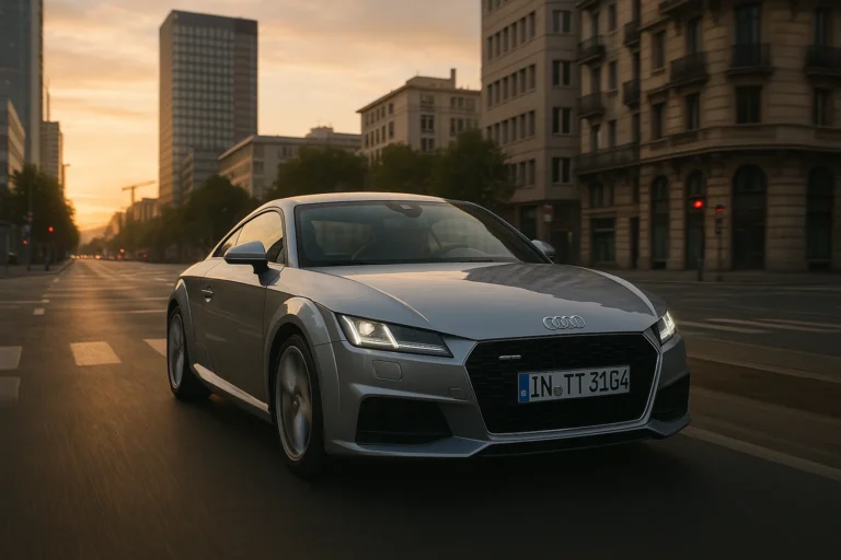 Audi TT conduciendo por ciudad al amanecer