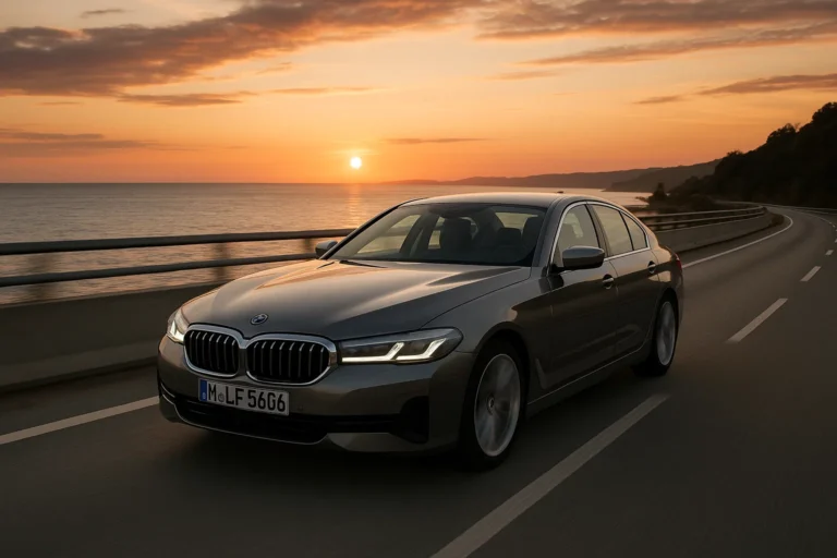 BMW Serie 5 circulando por una autovía al atardecer con mar de fondo
