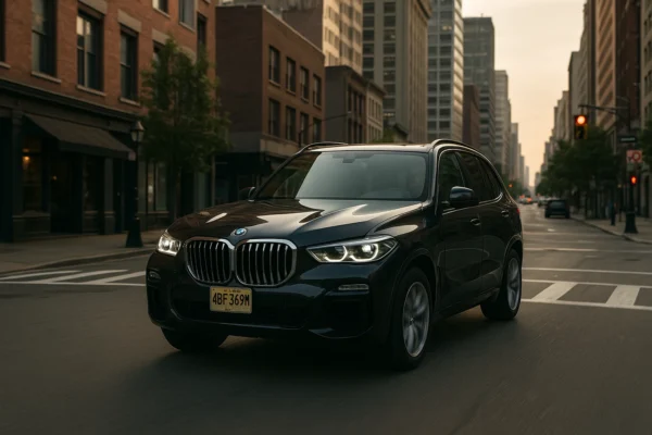 BMW X5 conduciendo por ciudad por la mañana