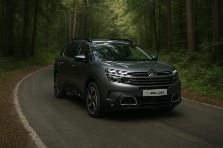 Citroen C5 Aircross circulando por una carretera con bosque alrededor