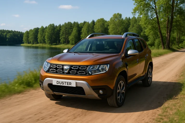 Dacia Duster circulando junto a un lago por un camino de tierra
