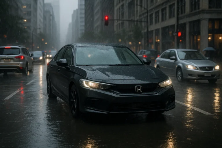 Honda Civic conduciendo por una ciudad con lluvia