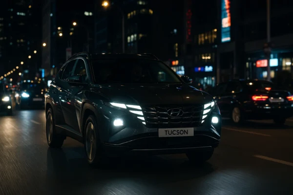Hyundai Tucson conduciendo de noche por una ciudad