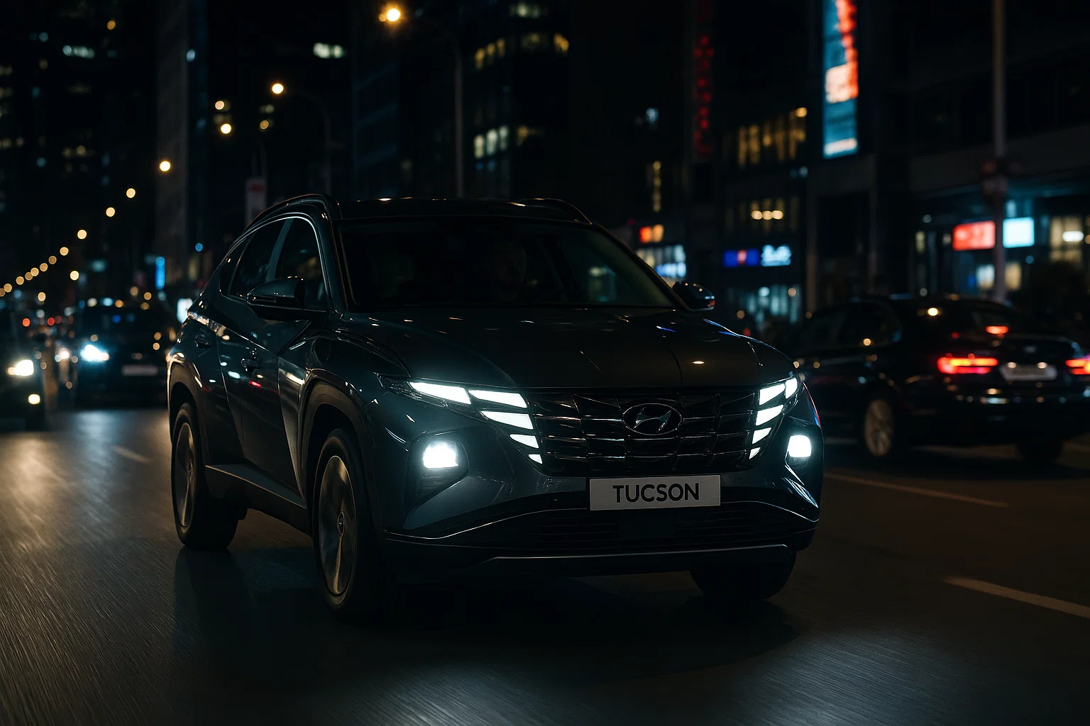 Hyundai Tucson conduciendo de noche por una ciudad