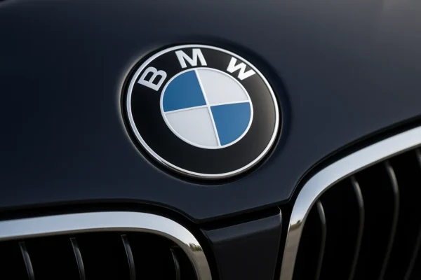 Insignia de BMW en coche asegurado