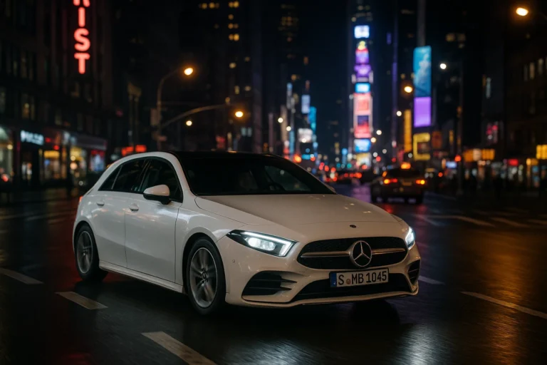 Mercedes Clase A conduciendo por Nueva York de noche