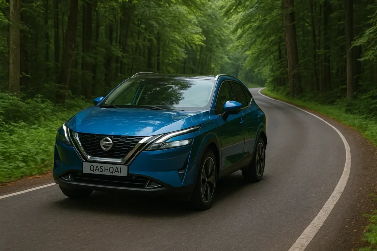 Nissan Qashqai circulando por una carretera en medio del bosque
