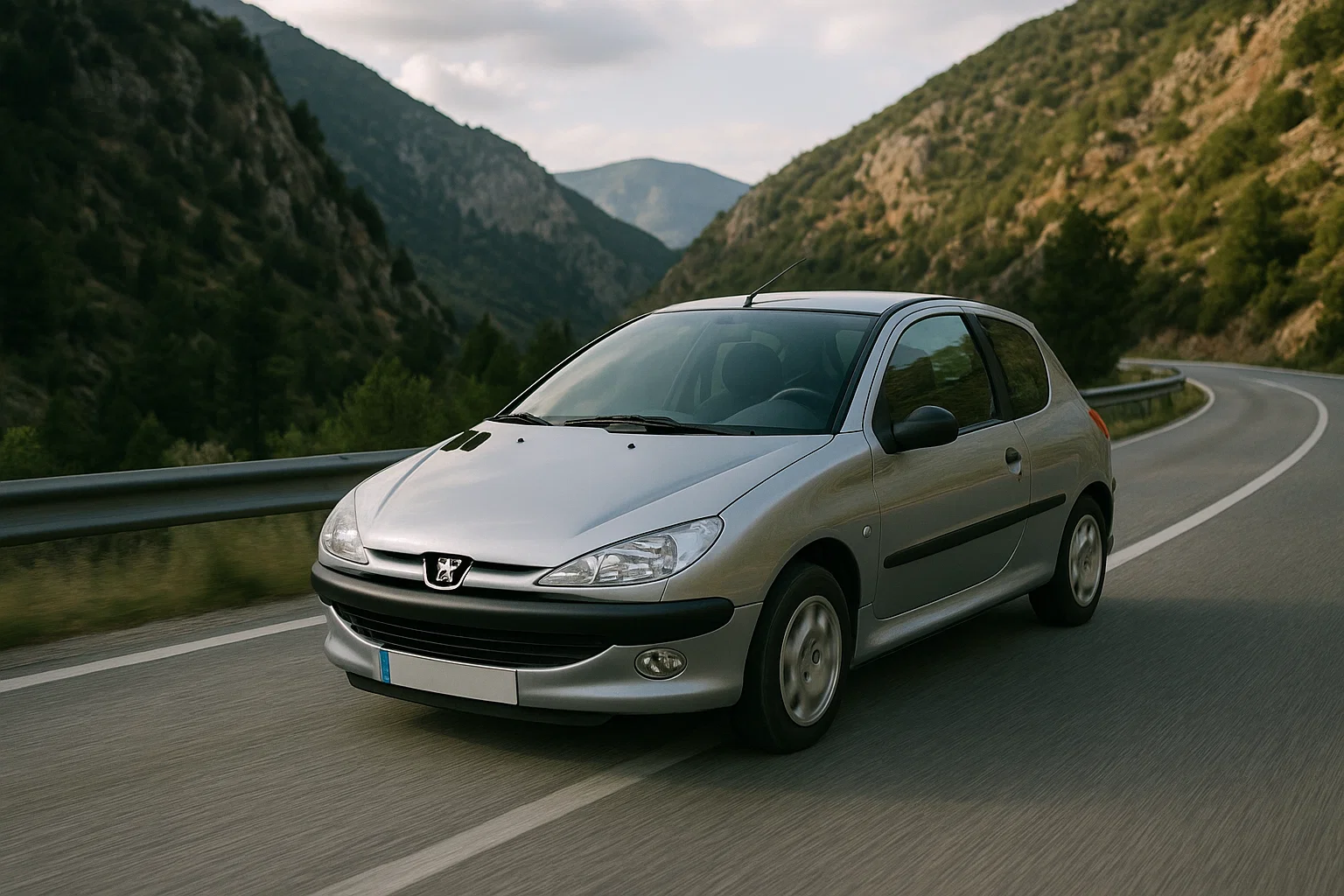 Peugeot 206 circulando por una carretera de montaña
