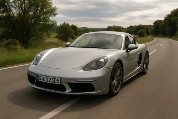 Cómo elegir el mejor seguro para tu Porsche 718 Cayman Porsche 718 Cayman conduciendo por una carretera rodeado de bosques