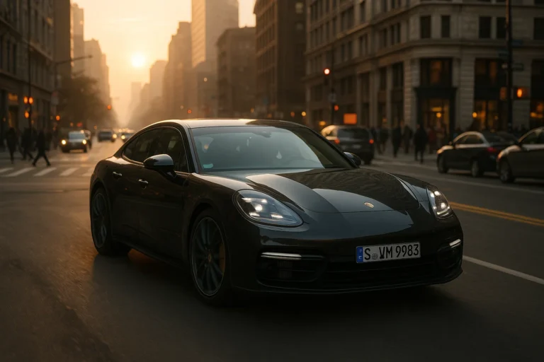 Porsche Panamera circulando por el centro de ciudad al amanecer
