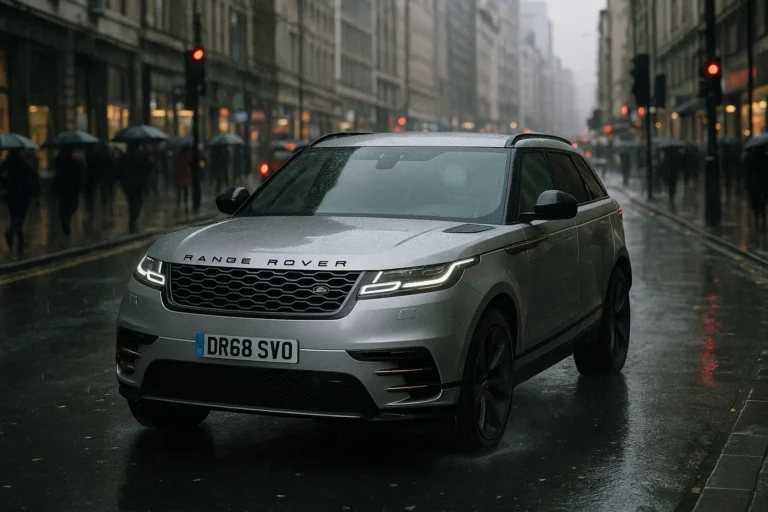 Range Rover velar conduciendo por una carretera urbana con lluvia
