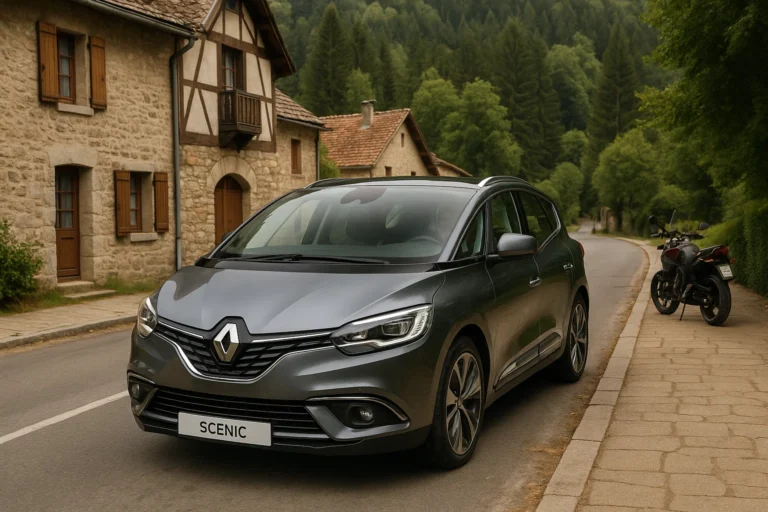 Renault Scenic conduciendo por un pueblo