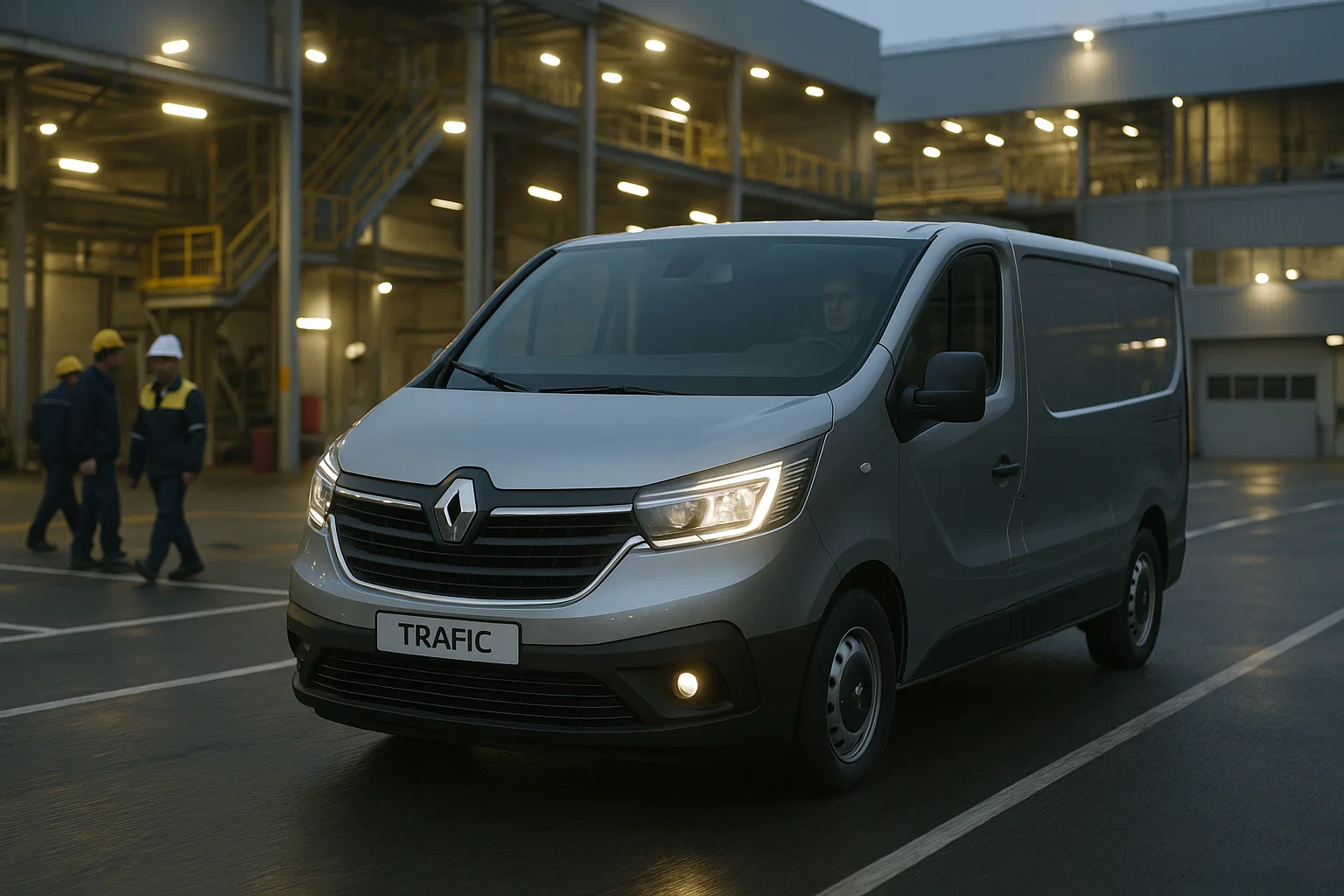 Renault Trafic en una fábrica de noche