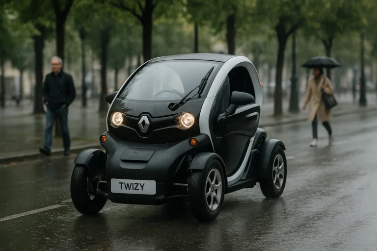 Renault Twizy conduciendo por una avenida con lluvia