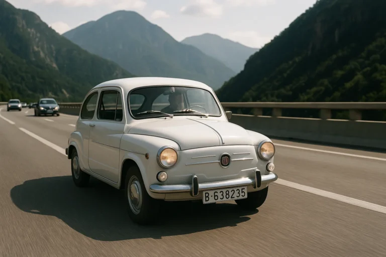 Seat 600 circulando por una autovia de montaña