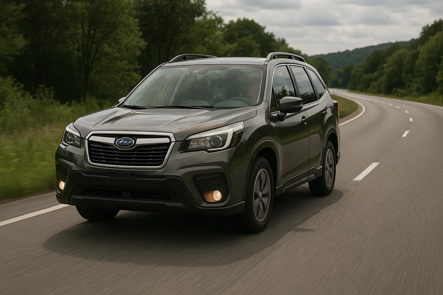 Subaru Forester circulando por carretera rodeada de bosque