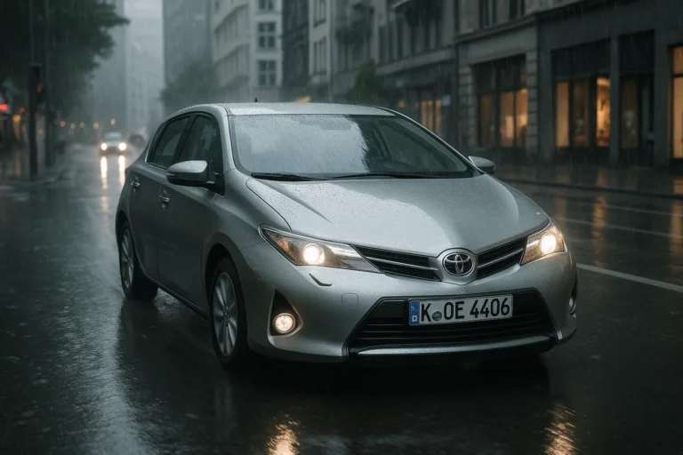 Toyota Auris conduciendo en una ciudad lluviosa