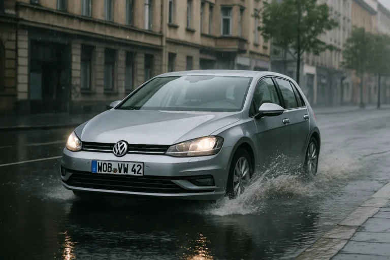 Volkswagen Golf circulando por una ciudad con charcos
