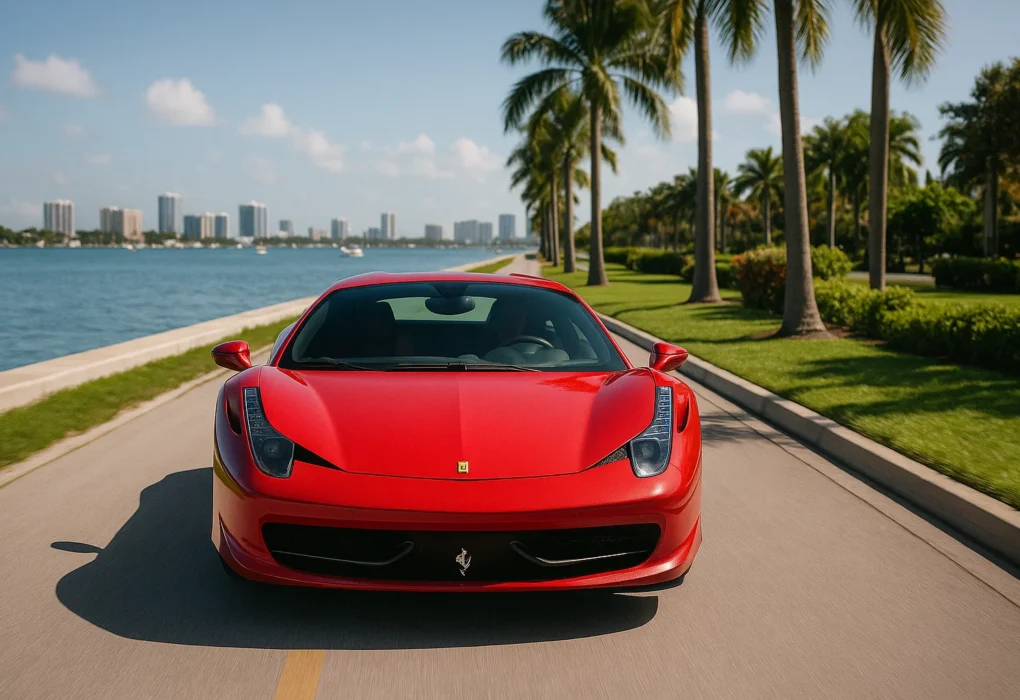 Ferrari 458 Italia conduciendo por una bahía