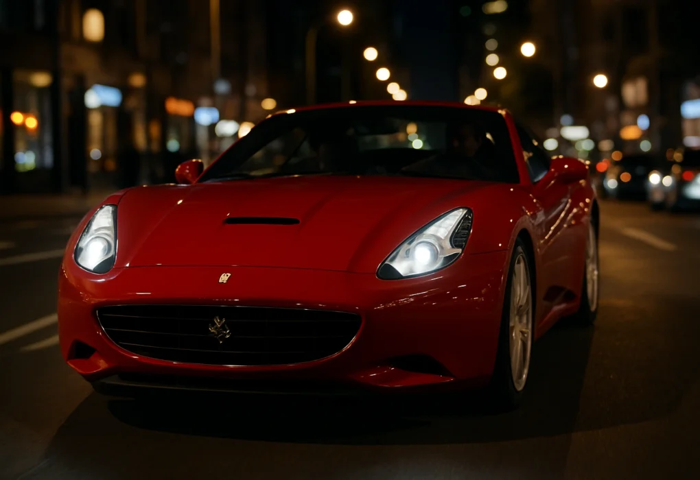 Cómo elegir el mejor seguro de coche para tu Ferrari California Ferrari California circulando de noche por ciudad