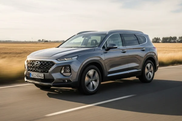 Hyundai Santa Fe circulando por una carretera en medio del campo