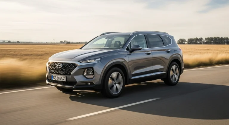 Hyundai Santa Fe circulando por una carretera en medio del campo