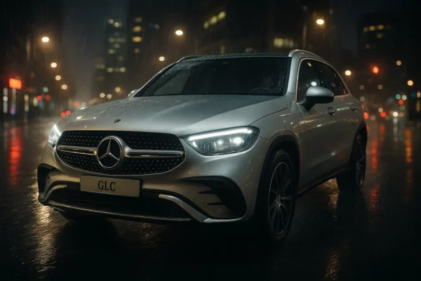 Descubre el mejor seguro para tu Mercedes GLC: coberturas, ventajas y comparativa Mercedes GLC circulando de noche con lluvia