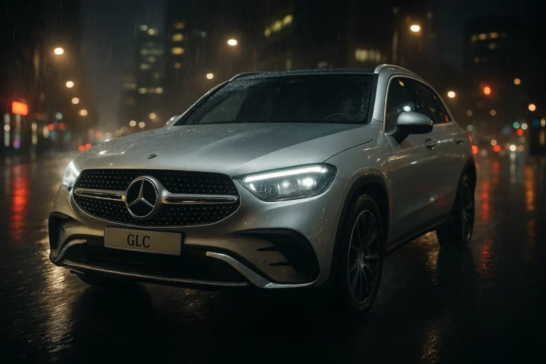 Mercedes GLC circulando de noche con lluvia
